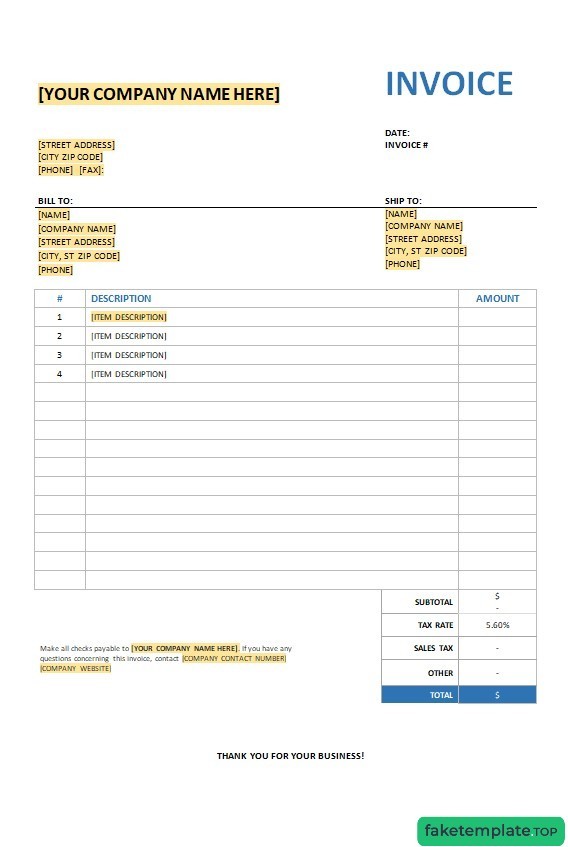 Feature of fake Free Invoice with Sales Tax Template